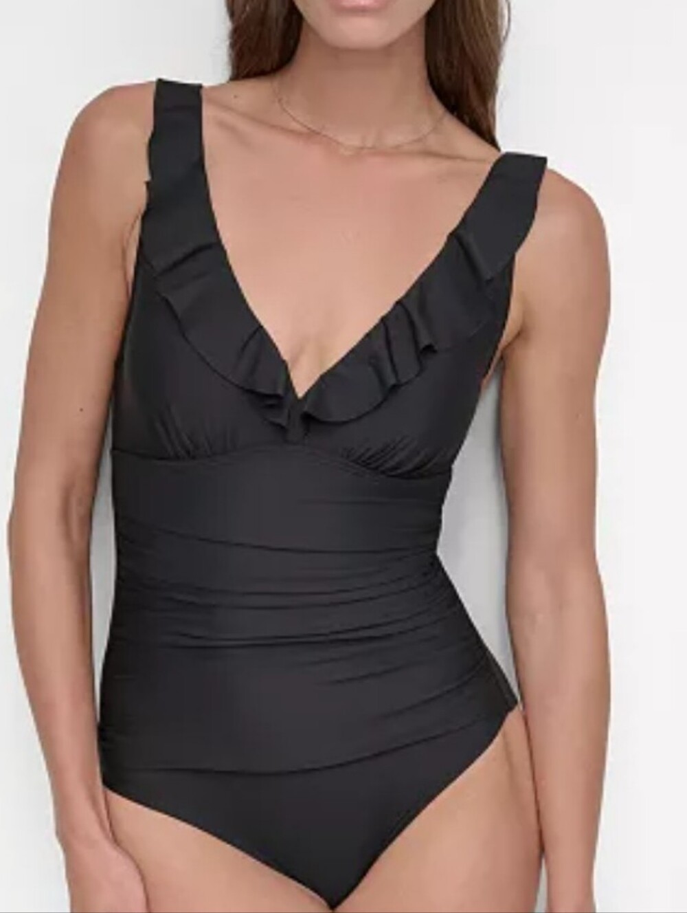 Dkny Black Ruffle V-Neck One-Piece Swimsuit